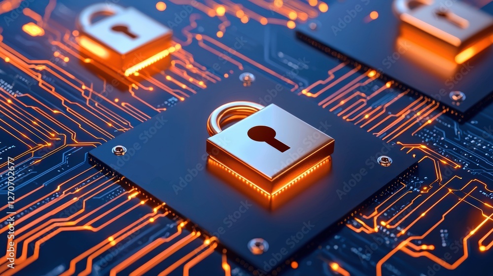Poster a close-up view of digital locks on a circuit board, symbolizing cybersecurity and data protection i