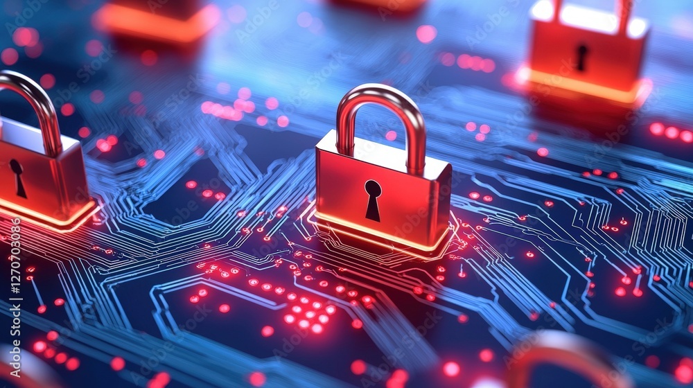 Poster a digital background featuring glowing padlocks on a circuit board, symbolizing cybersecurity and da