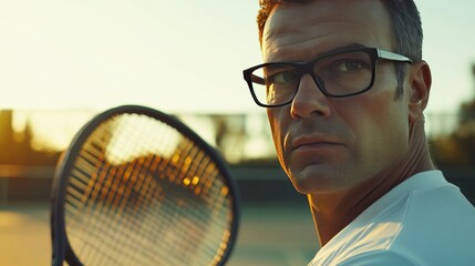 Myopia prevention with a man wearing glasses playing tennis outdoors. Sports, fitness, and eye health