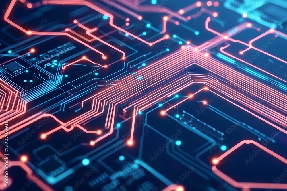 Poster abstract circuit board design with glowing lines and nodes., network, connection, communication, bus