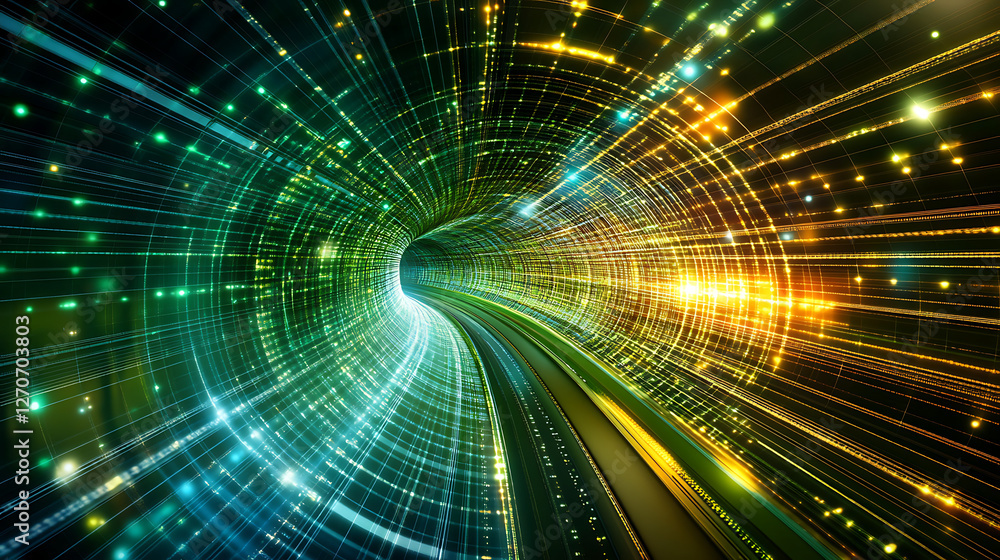Poster glowing light tunnel with grid pattern futuristic design and abstract visual effects