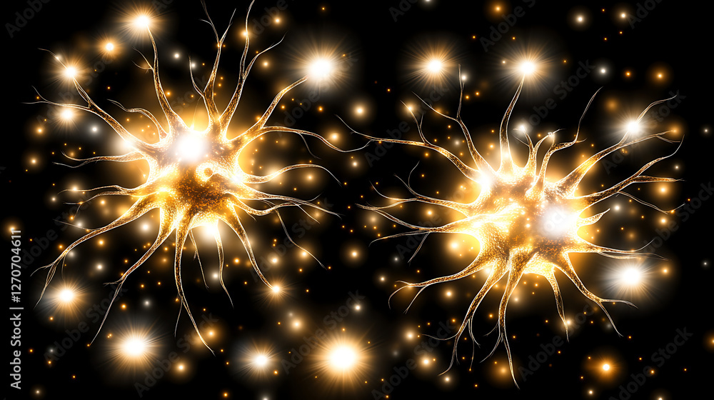 Poster glowing neurons sparking neural network connection with bright flashes on dark background