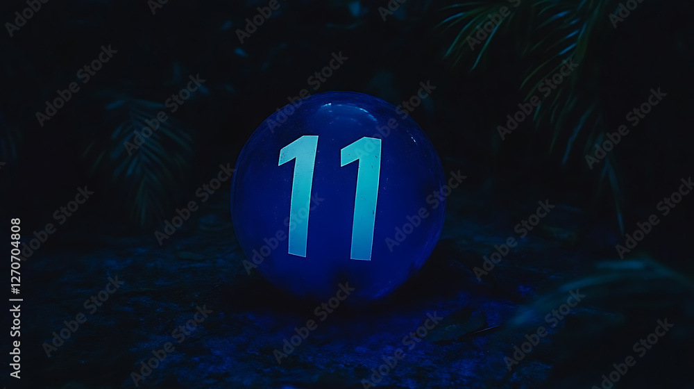 Poster glowing orb with number eleven amidst ferns in dark setting mysterious atmosphere