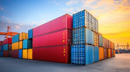 Fototapeta premium Colorful Shipping Containers Stacked at Industrial Port at Sunset