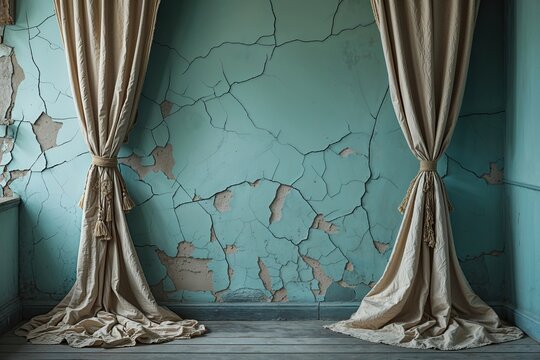Vintage Curtains on Cracked Pastel Blue Wall for Timeless Elegance and Atmospheric Charm