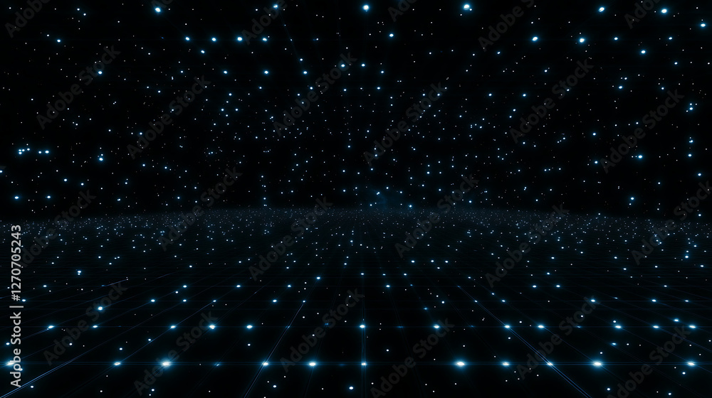 Poster glowing points in a diminutive grid forming a technological arena with a dazzling starry sky
