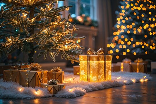 Radiating Love and Joy with a Stunning Gift Beside a Shimmering Christmas Tree