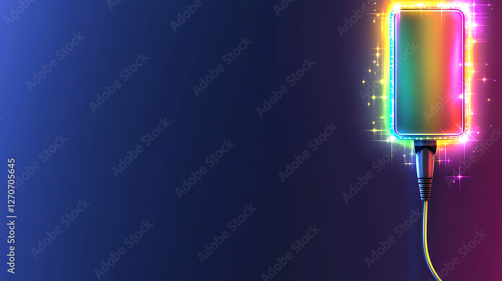 Poster glowing rectangular neon sign connected to a power cord on a dark backdrop with sparkle accents