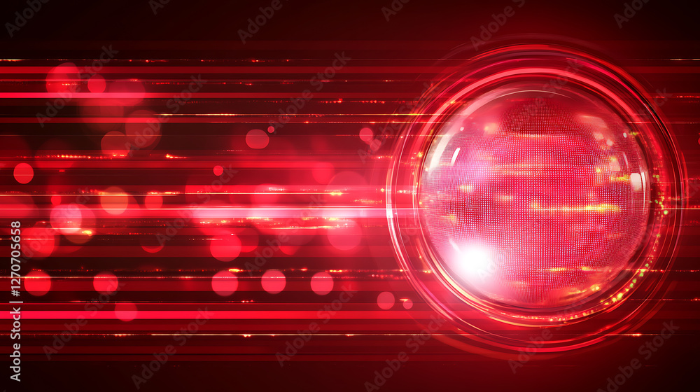 Poster glowing red sphere with tech background abstract visualization in dark environment design 99chars
