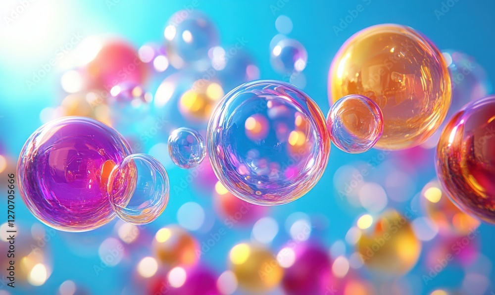 Poster colorful abstract bubbles floating in bright background with light reflections and soft blurry highl