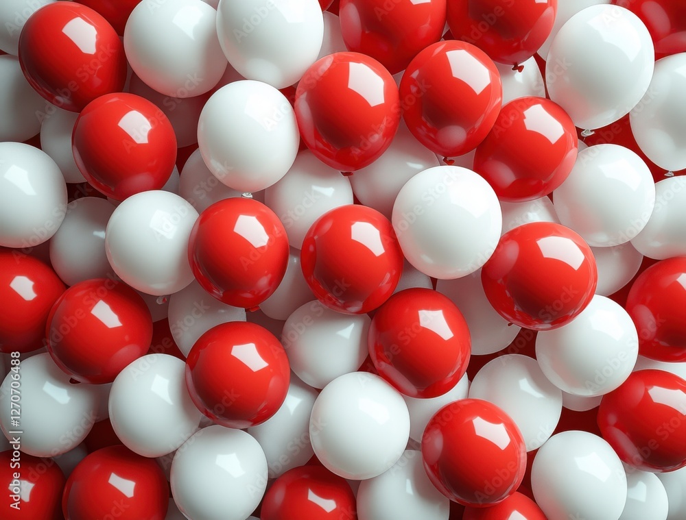 Poster colorful arrangement of red and white spheres creating a playful and vibrant background suitable for