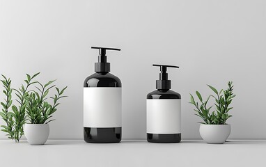 Obraz premium Blank cosmetic bottles, plant display, studio setting, product presentation, packaging mockup