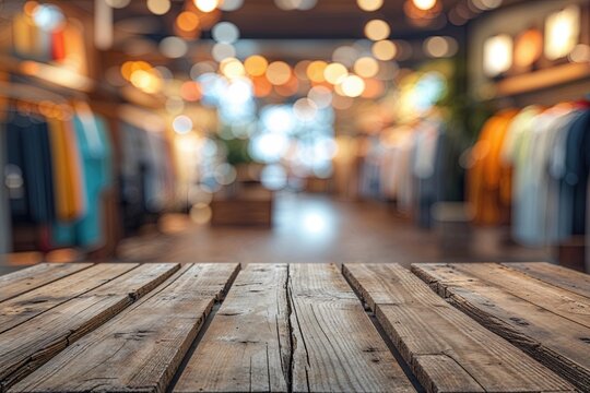 Blurred Abstract Background Tabletop Display Featuring Wooden Plank Surface for Shopping and Product Showcases