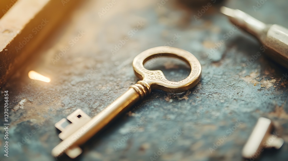 Poster locksmith crafting custom key with sparks flying in workshop