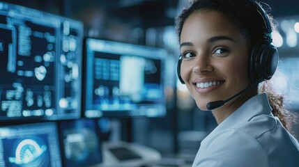 Obraz premium Smiling Female Technician with Headset in a High-Tech Control Room