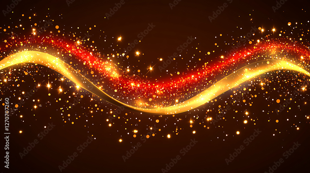 Poster glowing wavy lines of light with sparkling particle effects in dark background decorative art
