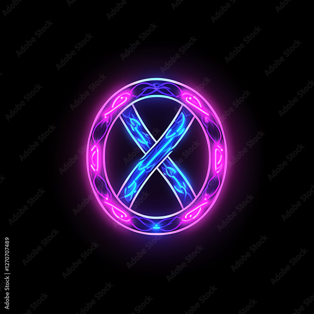 Poster glowing x mark ring with abstract neon cyberpunk design on black backdrop circular element