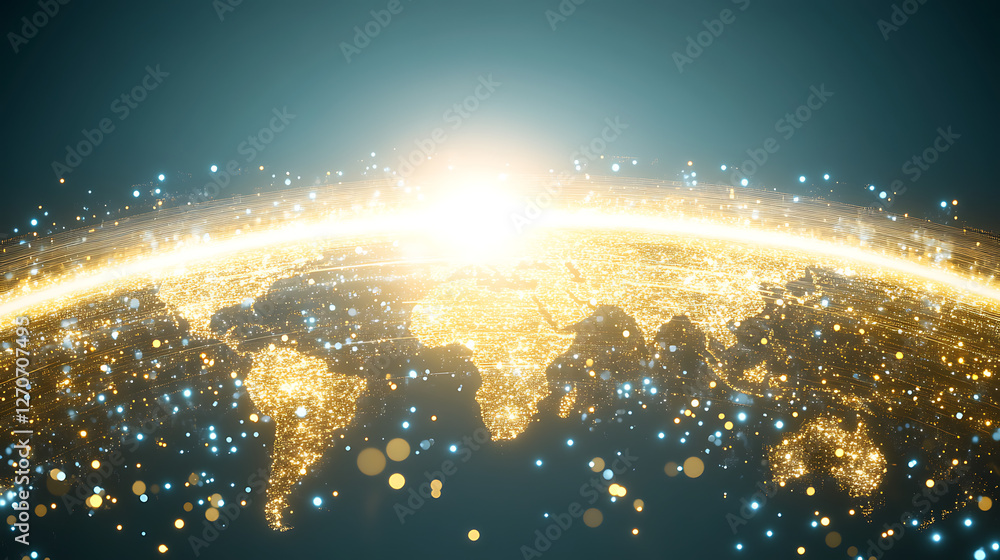 Poster glowing world map with light rays for global connections communication and technology visuals