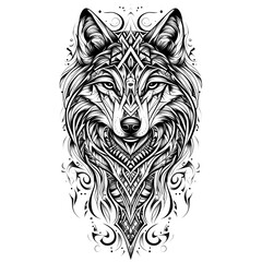 Obraz premium Tattoo Art concept. Isolated on white background, a minimalistic geometric wolf tattoo, symmetrical patterns, fine line details, modern blackwork style