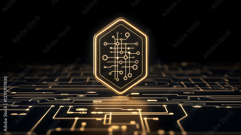 Poster golden abstract tech network badge on circuit board connecting dots and lines illustration art