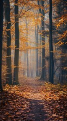 Obraz premium dreamy forest trail with fallen leaves, tall trees, and soft lig