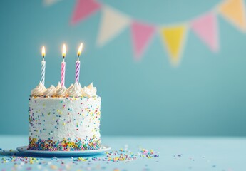 Colorful Birthday Cake with Candles and Sprinkles on Blue Background Surrounded by Festive Bunting and Cheerful Decorations for Celebration