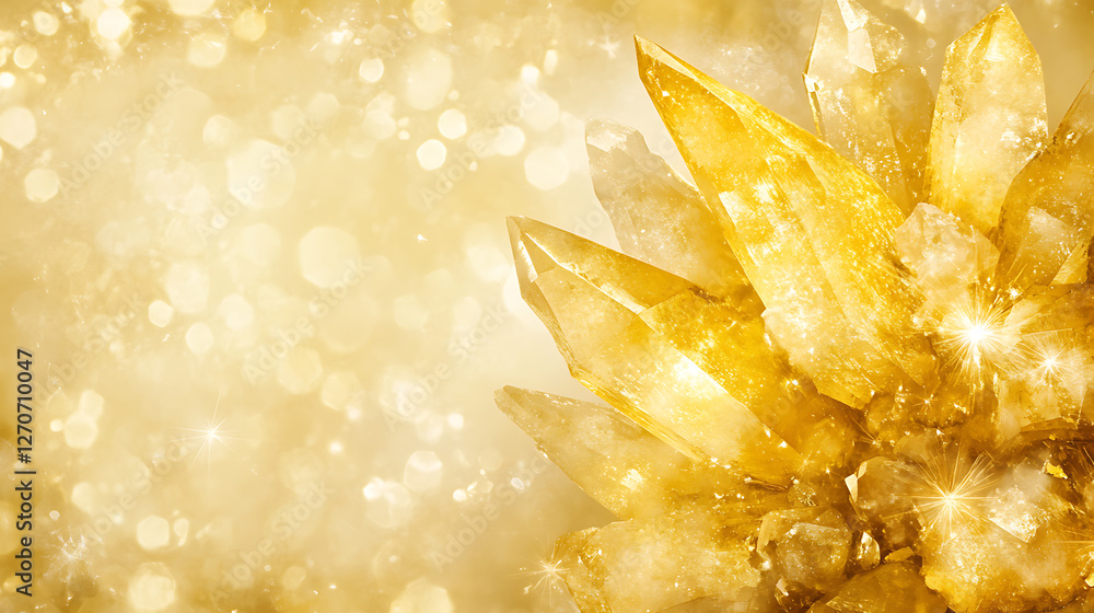 Poster golden crystal cluster on glittering backdrop for artistic display and creative visualization art