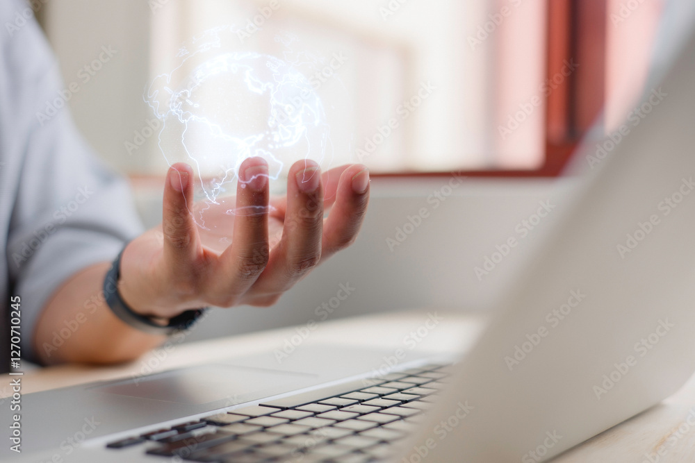 Aufkleber data digital transformation hand touching the universe, a conceptual shift in digital transformation
