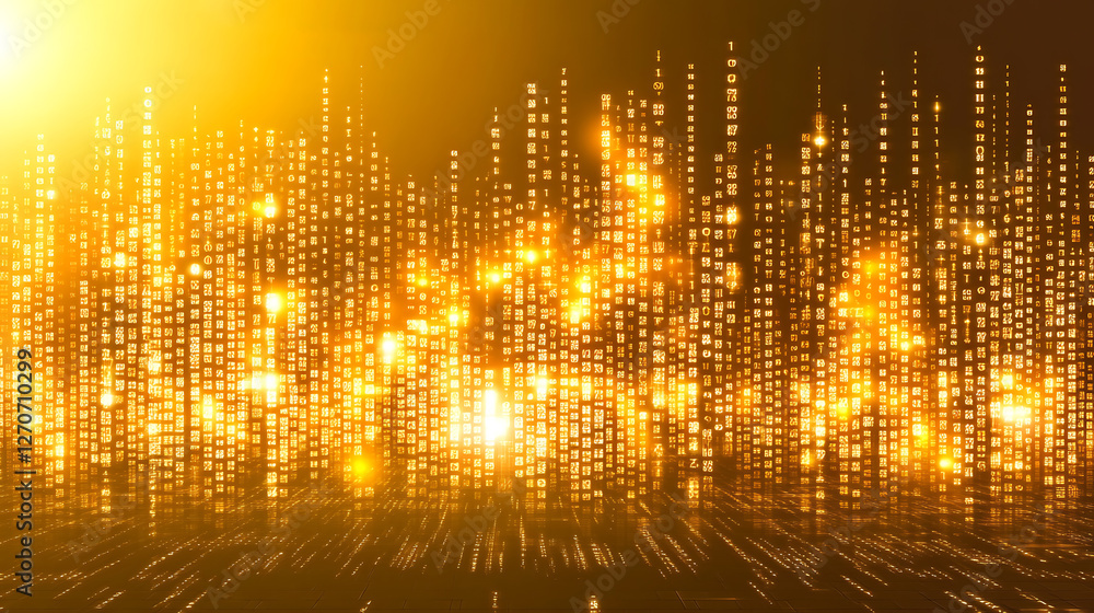 Poster golden data stream digital cityscape high tech metropolis visualization background