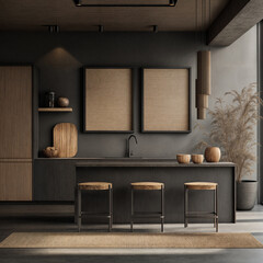 A kitchen with warm wooden accents, neutral colors, and minimalist framed artwork.