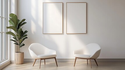 Fototapeta premium Modern interior design with two empty frames, sunlit room