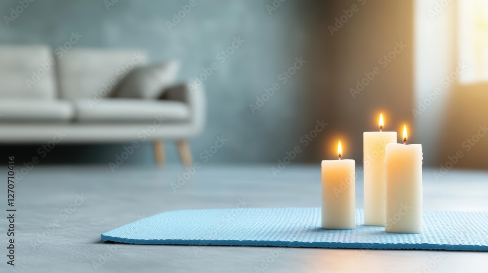 Poster warm glowing candles on soft mat creating a cozy atmosphere with stylish sofa in background inviting
