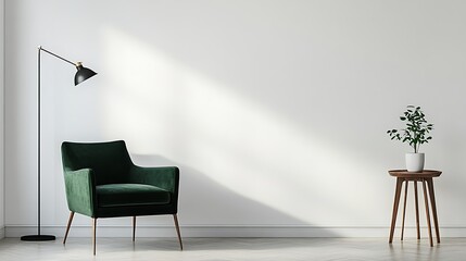 Modern empty room with green armchair and floor lamp