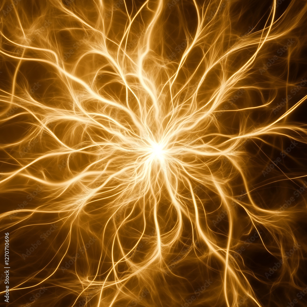 Poster golden energy burst emanating abstract light and neural connection representation graphic
