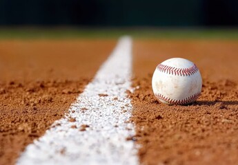 Close-Up of Baseball on Dirt Field Near White Chalk Line