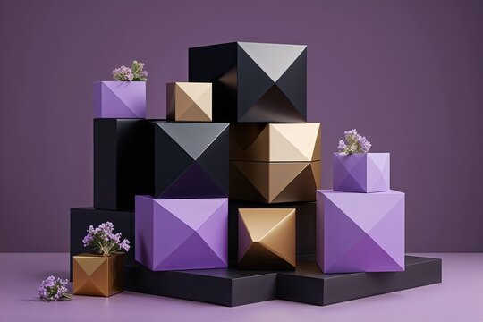 Stylish 3D Cube Backdrops in Purple Black and Gold for Chic Geometric Haircare Product Packaging