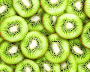 Hyperrealistic kiwi fruit background, overlapping sliced kiwis with intricate details, seamless organic texture, refreshing and tropical aesthetic