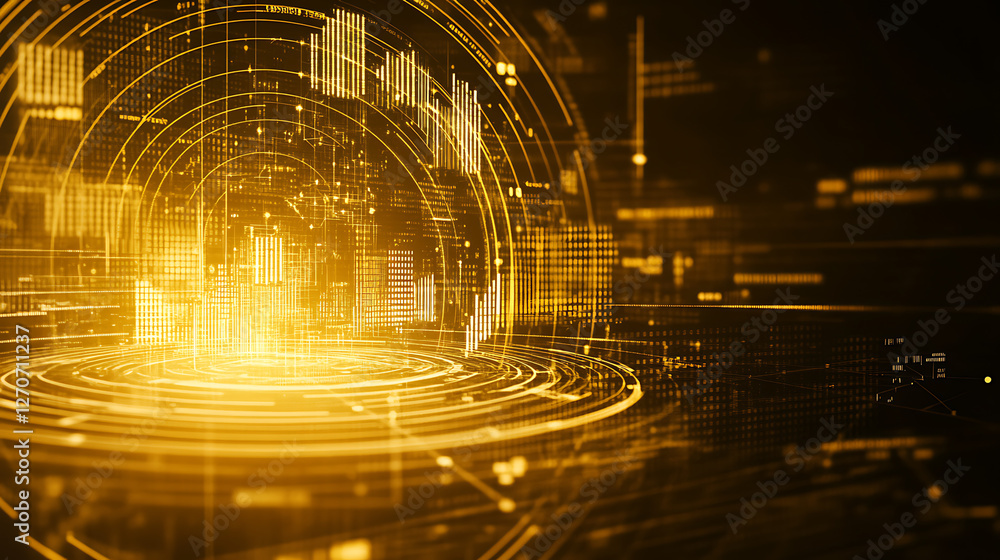 Poster golden futuristic data core visual rendering technology and digital information display abstract