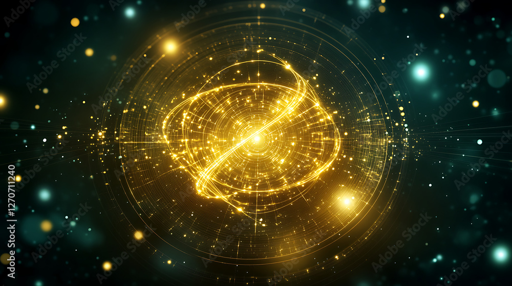 Aufkleber golden futuristic orbiting particle core with energy trails and complex interconnectivity