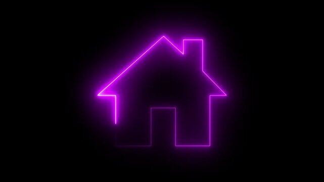 Home button icon animation by neon on black background. Neon home button icon animation, shiny symbol. glowing House, home building animation