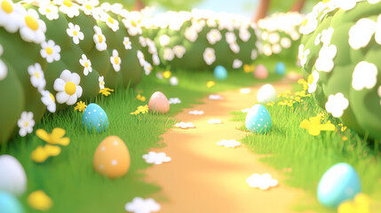 Fototapeta premium colorful path surrounded by flowers and Easter eggs creates cheerful scene