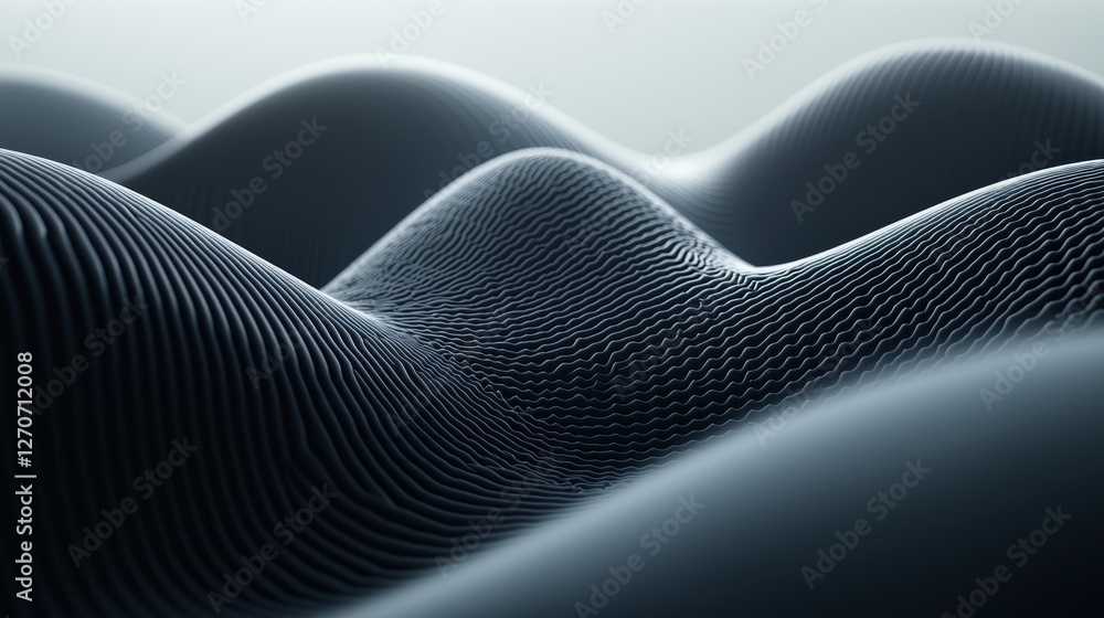 Poster macro shot of dark spherical forms creating a wave-like pattern, soft matte texture, moody lighting 