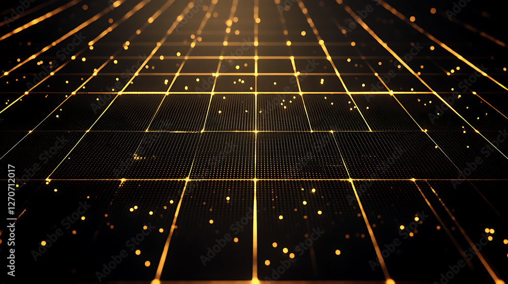Poster golden grid digital network structure with particle effect in data communication environment