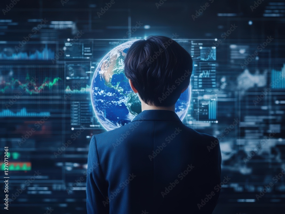 Poster a thoughtful man gazes at a globe illuminated by a vibrant digital screen in a modern workspace refl