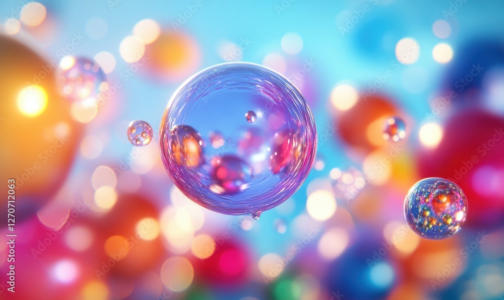Aufkleber colorful bubbles floating in a dreamy background with soft focus and bright light reflections, creat