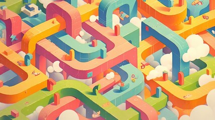 Fototapeta premium Colorful 3D maze design, cloud background, isometric view, game asset
