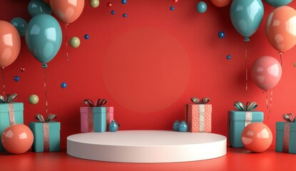 Colorful Celebration Scene with Balloons and Gifts on a Bright Red Background for Festive Events and Special Occasions