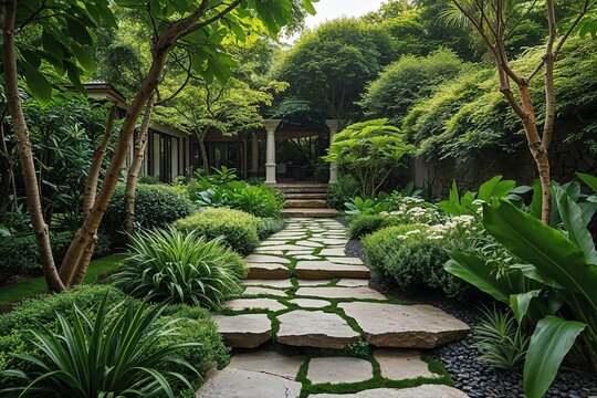 Serene Lush Green Garden with Tranquil Stone Pathway for Nature Lovers