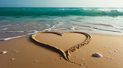Obraz premium Romantic heart symbol etched into the sand on a sunny beach with calm waves and clear skies overhead Stock Image Wallpaper