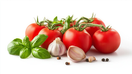 Isolated on a white background, a tomato with leaves and basil sprigs, a big garlic clove, a paprika slice